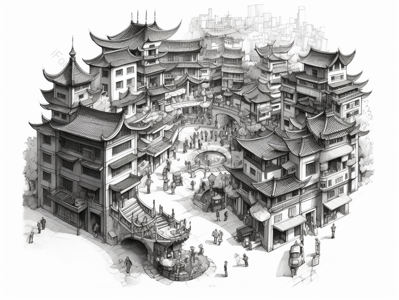 古建筑黑白素描城镇风景,插画/手绘图,插画/手绘图库,插画/手绘图下载,插画/手绘